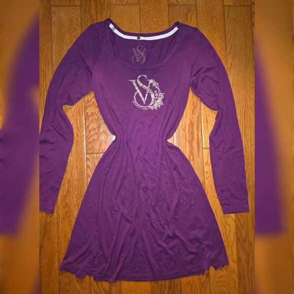 Victoria's Secret XS Purple Long Sleeve Sleep Shirt Dress w/ VS Logo Graphic - Picture 1 of 3